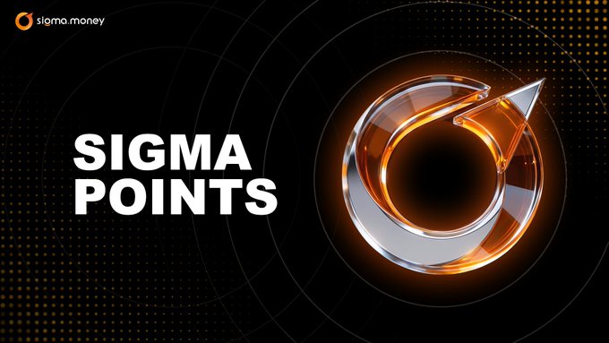 A promotional graphic for sigma.money displays 'SIGMA POINTS' in white text alongside a metallic 3D arrow-up logo with orange lighting accents on a black dotted background.