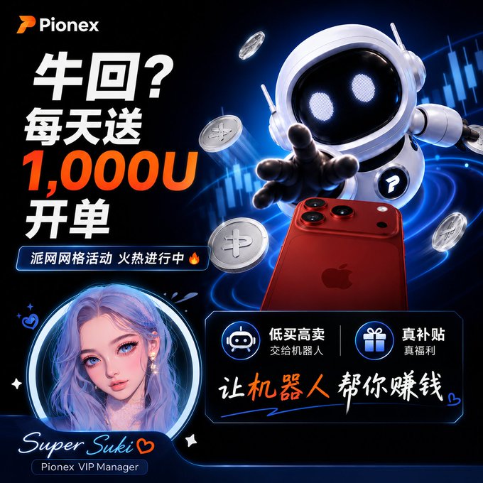 A Pionex advertisement in Chinese features a robot, a red iPhone, an anime-style character labeled 'Super Suki - Pionex VIP Manager', and text promoting daily 1,000U rewards and grid trading activities.