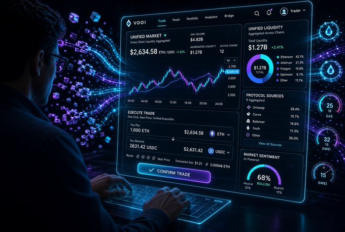A man in glasses views a futuristic holographic trading dashboard labeled 'VOOI', showing market data for 'UNIFIED MARKET', liquidity stats, and an ETH/USDC trade execution screen.
