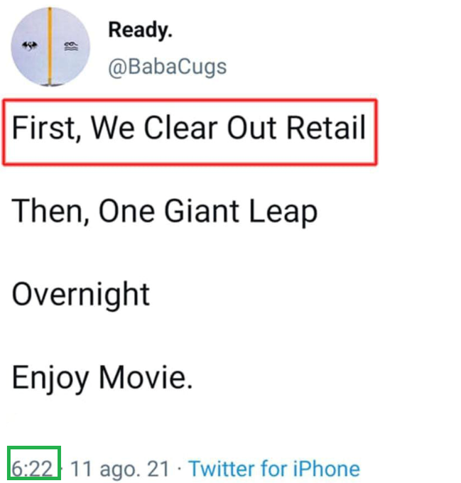 A tweet from user @BabaCugs at 6:22 reads "First, We Clear Out Retail, Then, One Giant Leap, Overnight, Enjoy Movie." The accompanying post frames the highlighted "First, We Clear Out Retail" line as a commentary on XRP's market movement, suggesting retail traders are being cleared out before a major price leap.