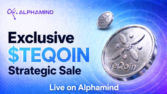 Alphamind-branded promotional banner announcing an "Exclusive $TEQOIN Strategic Sale" with two metallic TeQoin-branded coins displayed against a blue gradient background, featuring the tagline "Live on Alphamind." The image visually reinforces the post's announcement of the TeQoin token sale on the Alphamind platform.