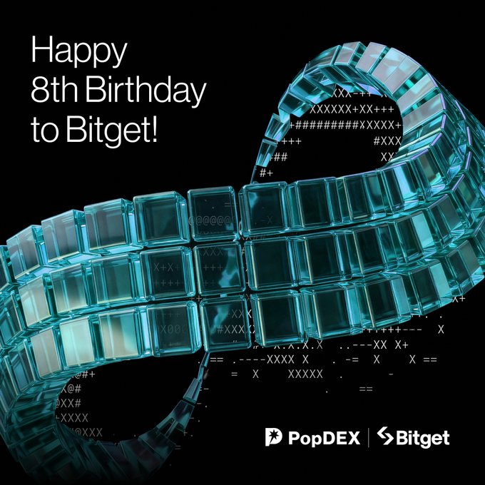 A promotional graphic celebrating 'Happy 8th Birthday to Bitget!' featuring a swirling ribbon made of teal translucent cubes and the PopDEX and Bitget logos.
