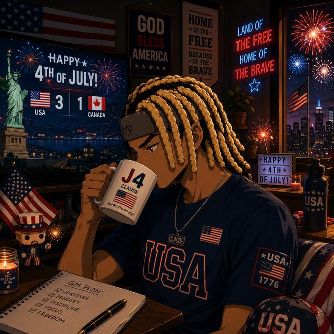 Anime-style illustration of a character with blonde dreadlocks wearing a USA shirt and drinking from a 'J4 CLAUDE' mug, surrounded by American flag motifs, Statue of Liberty imagery, and 'HAPPY 4TH OF JULY!' text along with a USA 3 vs Canada 1 scoreboard.