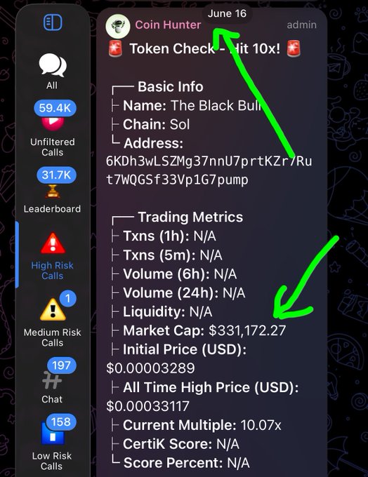 A Telegram bot "Coin Hunter" displays a token alert dated June 16 for "The Black Bull" on the Solana chain (address 6KDh3wLSZMg37nnU7prtKZr/Rut7WQGS33Vp1G7pump), showing a market cap of $331,172.27 and a current multiple of 10.07x—matching the post's claim of catching the token at under 300k market cap for roughly 10x gains.