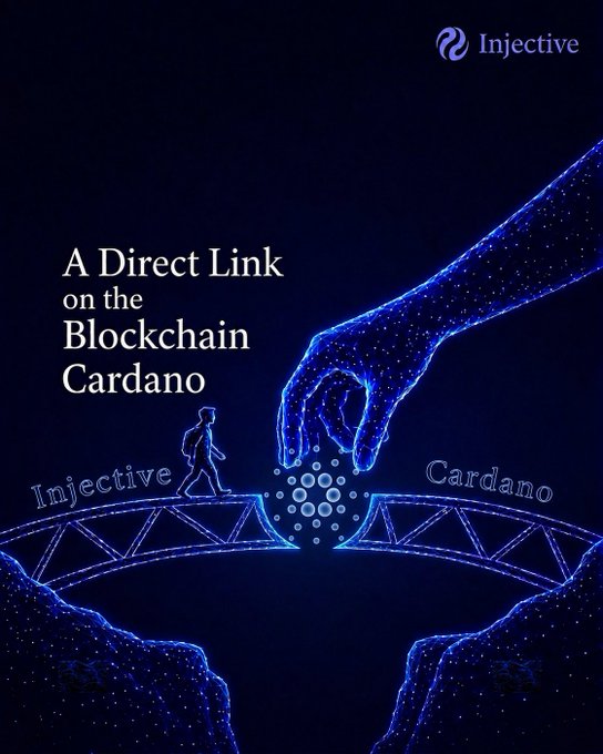 A promotional graphic for Injective features glowing blue hands bridging two separate walkways, with a person walking across and the text 'A Direct Link on the Blockchain Cardano'.