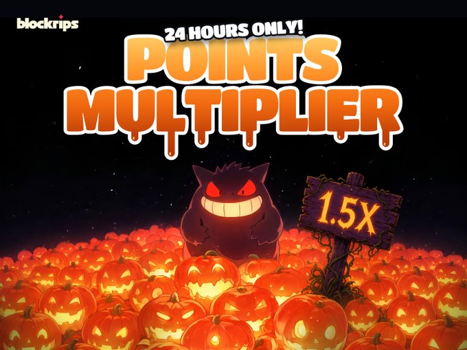 A Halloween-themed promotional graphic for 'blockgrips' advertising a '24 HOURS ONLY! POINTS MULTIPLIER' of 1.5X, featuring a grinning purple cat-like creature sitting among a field of glowing jack-o'-lanterns.