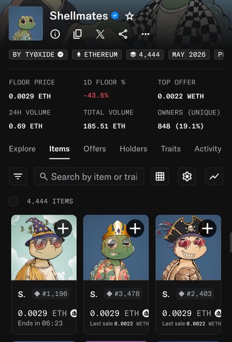 The image shows the "Shellmates" NFT collection page on a marketplace, displaying a floor price of 0.0029 ETH with a significant -43.5% decline over 24 hours and a 24H volume of only 0.69 ETH. This dramatic price drop and low trading activity directly support the post's concern about why the floor has fallen so heavily.