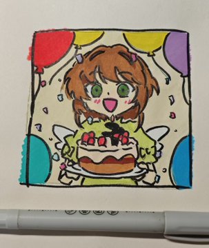 A hand-drawn anime-style illustration of a brown-haired girl with green eyes holding a birthday cake with candles, surrounded by colorful balloons.