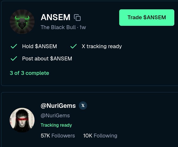 The image shows a Bullpen.fi profile card for $ANSEM ("The Black Bull") with all 3 tasks completed (Hold $ANSEM, X tracking ready, Post about $ANSEM), alongside a connected @NuriGems X account with 57K followers marked as "Tracking ready." This visually reinforces the post's call to action, providing a registered referral link (bullpen.fi/@NuriGems) to secure access to future $ANSEM airdrops through @BullpenFi.