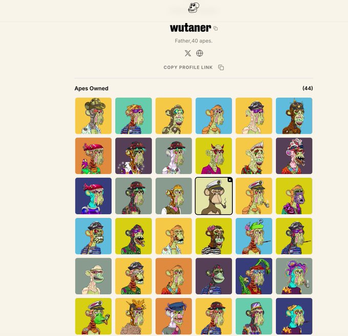 The image shows a grid of square images, each containing a different character from the game Wutaner. The characters are depicted wearing hats with various colors such as blue, green, red, yellow, and purple. There are at least 14 distinct characters in total, making it an interesting collection to view. The post is titled "Wutaner" and has a caption that reads: "Father 40 ages. Apes Ownd. copy profile link. 44". This information suggests the image might be related to a discussion or review of the game Wutaner, possibly featuring characters from the game as part of the conversation.