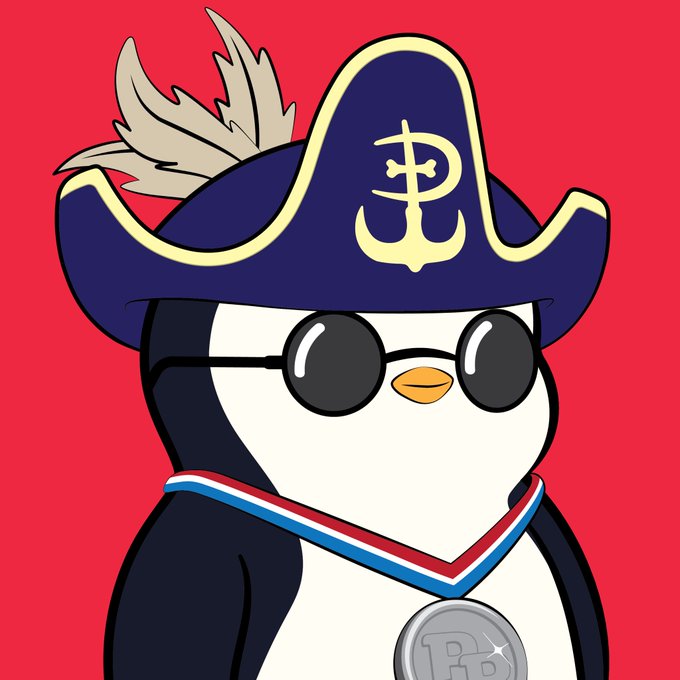 An illustration of a penguin wearing a pirate hat with an anchor symbol, round sunglasses, and a medal with 'PB' on it against a red background.