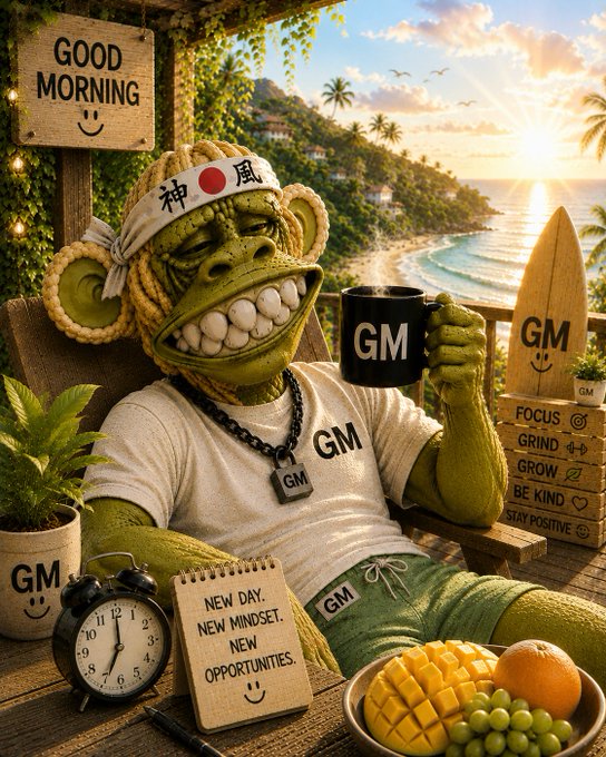 A cartoonish green monkey character wearing a 'GM' shirt and a headband with Japanese characters, relaxing on a beach balcony with a 'GM' mug, fruit, and motivational notepads reading 'NEW DAY, NEW MINDSET, NEW OPPORTUNITIES'.