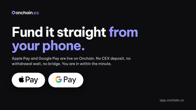 An advertisement for onchain.cc stating "Fund it straight from your phone," highlighting the availability of Apple Pay and Google Pay.