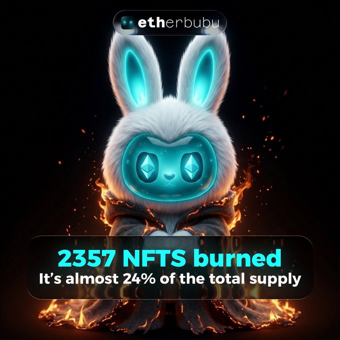 A promotional graphic for 'etherbubu' NFT project showing a white furry creature with glowing cyan ears and eyes, surrounded by flames, with text stating '2357 NFTS burned - It's almost 24% of the total supply'.