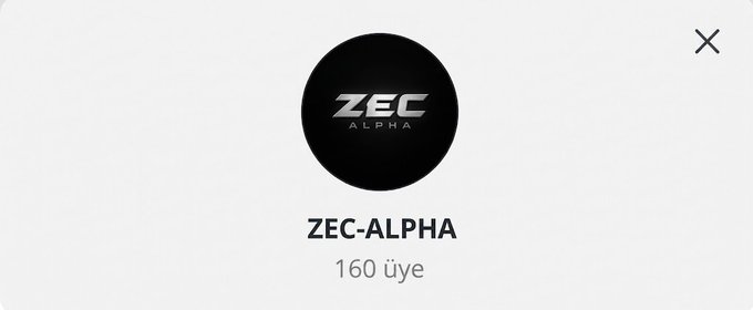 A minimalist interface showing a black circular logo with 'ZEC ALPHA' and the text 'ZEC-ALPHA' below it, priced at '160 üye'.
