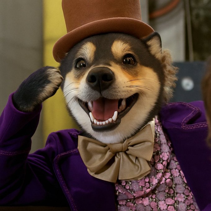 A whimsical illustration of a dog dressed in a purple suit, tan bow tie, and brown top hat, smiling widely with its mouth open in a vintage setting.