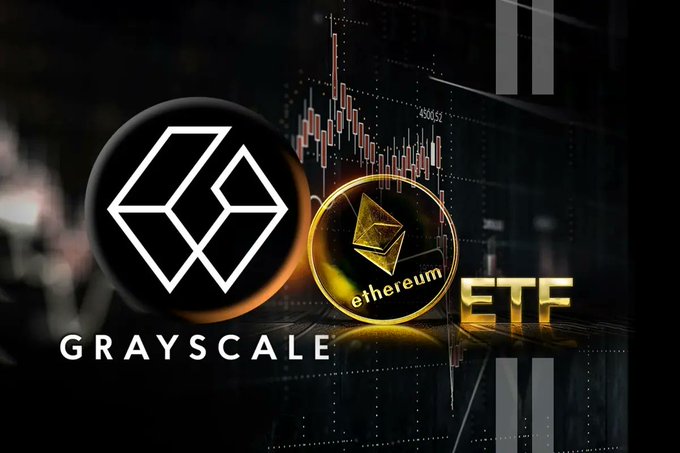 A graphic displays the Grayscale logo, an Ethereum coin, and the text "ETF" set against a backdrop of a stock market trading chart.