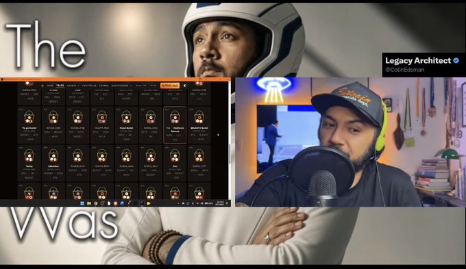 A YouTube livestream thumbnail featuring content creator "Legacy Architect (@ColinErdman)" in a white hoodie, with an overlay of a profile selection screen.
