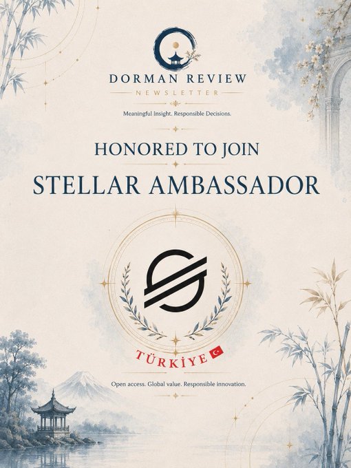 An ornate certificate-style graphic for the 'DORMAN REVIEW NEWSLETTER' announces 'HONORED TO JOIN STELLAR AMBASSADOR' featuring the Stellar 'S' logo and 'TÜRKİYE' text, set against a watercolor landscape.