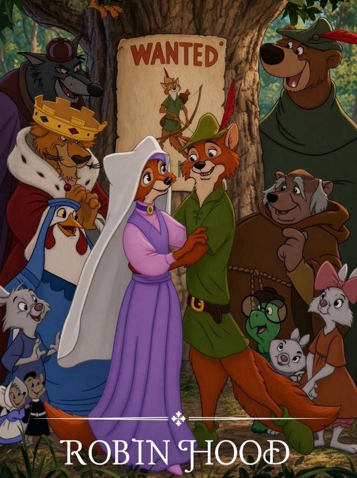 A Disney-style "Robin Hood" poster featuring anthropomorphic animal characters (including Robin Hood, Maid Marian, and friends) gathered around a "WANTED" poster. The image cleverly reframes the classic tale into a crypto context, promoting the memecoin #MARIANHOOD as a "bullish" launch backed by a strong community.