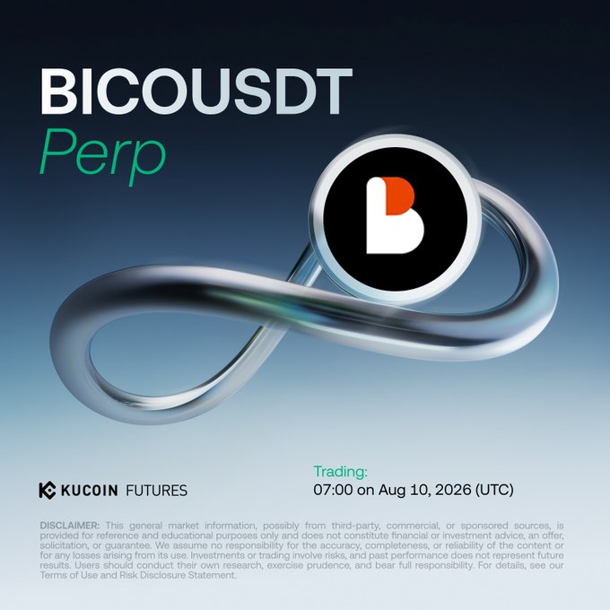 A promotional graphic for KuCoin Futures announces the BICOUSDT Perp trading pair with a trading start time of 07:00 on Aug 10, 2026 (UTC), accompanied by a disclaimer about investment risks.