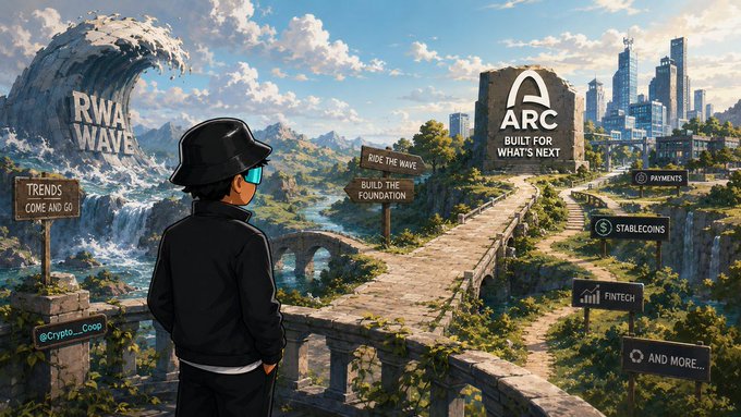 A digital illustration titled 'RWA WAVE' showing a figure in a black jacket and cap standing at a crossroads of stone bridges, with signs pointing to 'ARC BUILT FOR WHAT'S NEXT,' 'TRENDS COME AND GO,' 'RIDE THE WAVE,' 'BUILD THE FOUNDATION,' 'PAYMENTS,' 'STABLECOINS,' 'FINTECH,' and 'AND MORE...'.