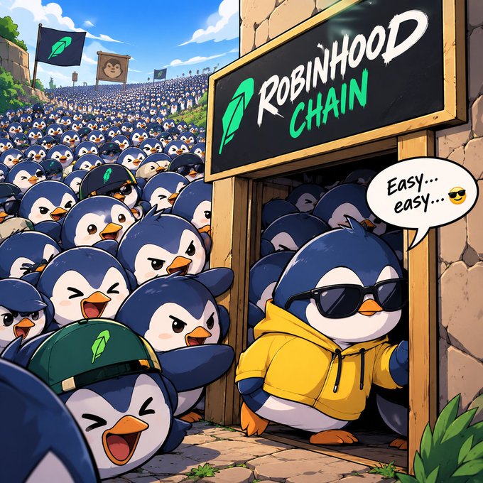 An anime-style illustration shows a crowd of penguins outside a 'ROBINHOOD CHAIN' building, while a cool penguin in a yellow hoodie and sunglasses exits saying 'Easy... easy...'.