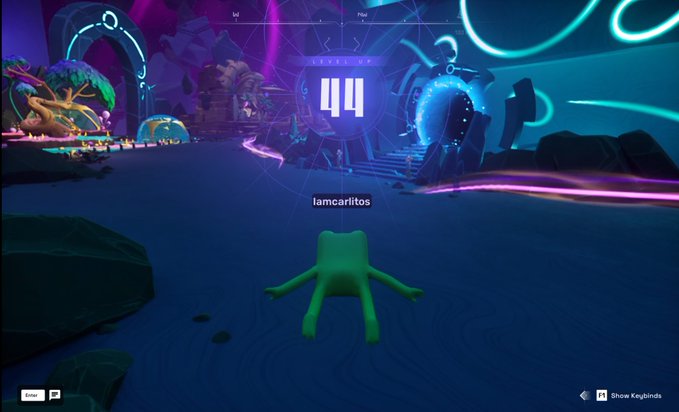 A screenshot from a colorful, neon-lit 3D video game showing a green, star-shaped avatar with the username 'iamcarlitos' jumping in a purple environment with a large timer displaying '44' in the background.