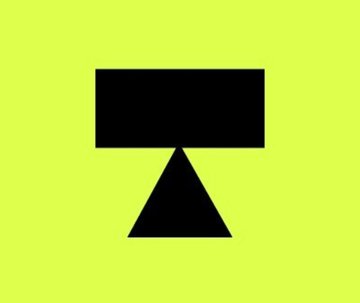 A minimalist graphic featuring a black rectangle above a black triangle on a lime green background, resembling a simple character or symbol.