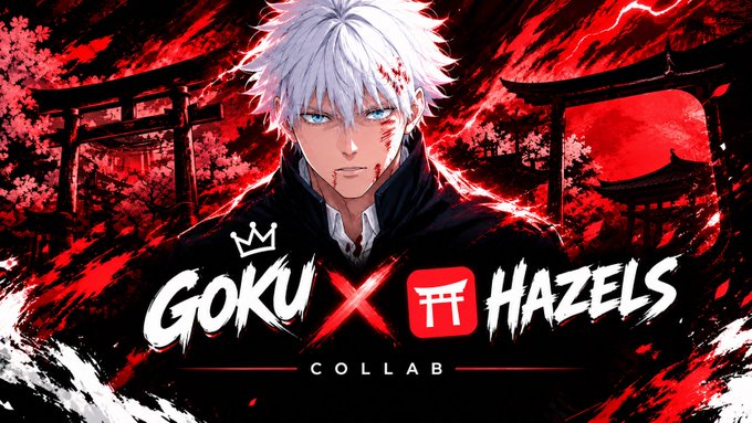 An anime-style collaboration poster titled 'GOKU x HAZELS' showing a white-haired character with blue eyes against a dramatic red background with torii gates.