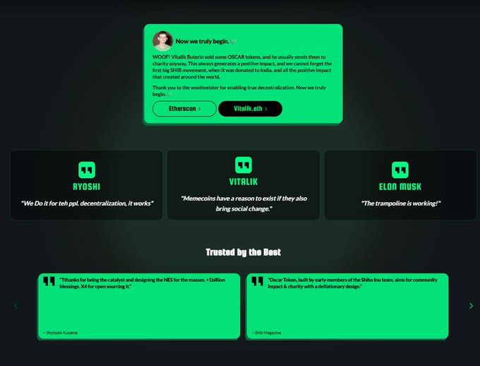 A webpage displaying tweets from Vitalik Buterin discussing decentralization and memes, along with quotes attributed to Ryoshi, Vitalik, and Elon Musk.