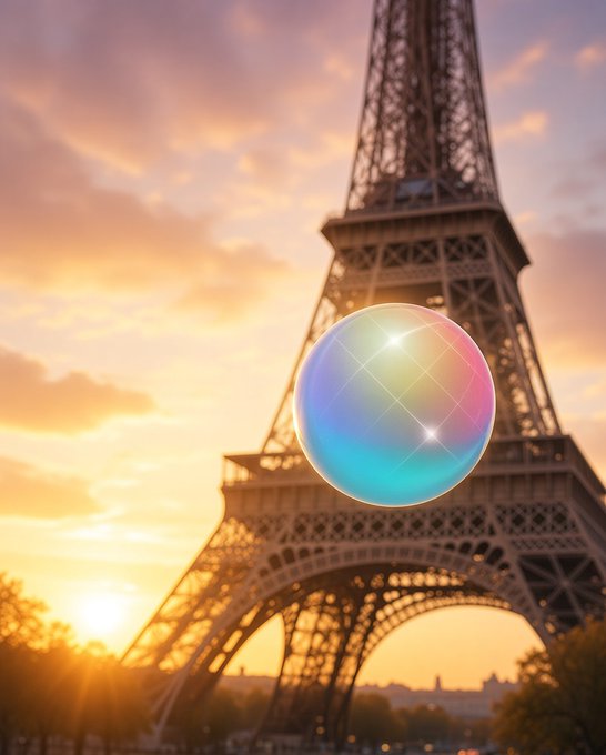 A glowing, multi-colored spherical object floats in the foreground with the Eiffel Tower and a sunset visible in the background.