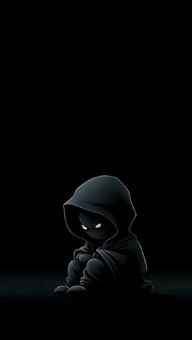 A dark, stylized illustration depicts a hooded figure sitting alone in pitch-black darkness, with only glowing white eyes peering out from under the hood, conveying a sense of isolation or mystery.