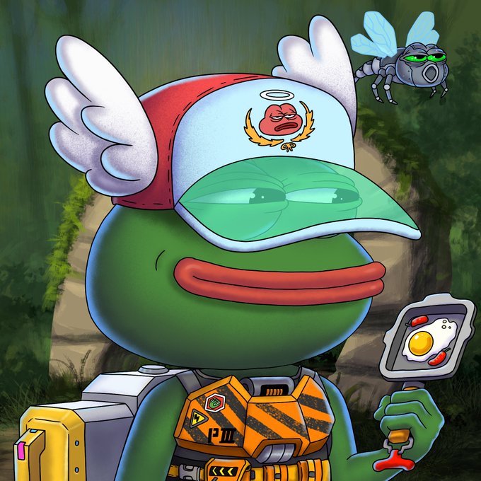 The image features a cartoon frog with wings, wearing a hat that has an angelic face design. The frog is holding a frying pan with an egg inside of it. In the background, there are two other insects - one flying above the frog's head and another on its right side. The post includes text that reads "Gm to all NFT believers Looking forward to @PepeExplorers is cooking".