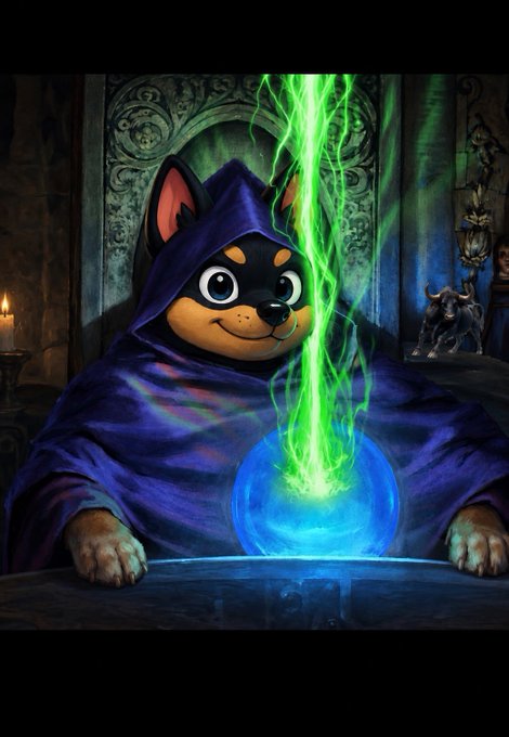 A digital illustration of a cute cartoon dog character wearing a purple wizard's cloak and casting bright green magical energy from a glowing blue crystal ball.