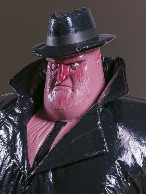 A pink-skinned, scowling figure wearing a black fedora and a glossy black trench coat, resembling an inflatable character, stands against a brown background—matching the post's announcement of "The Seven Houses" NFT mint on OpenSea.