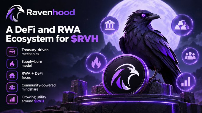 A poster for Ravenhood, described as 'A DeFi and RWA Ecosystem for $RVH,' displays a purple raven perched beside a branded coin, with bullet points highlighting treasury-driven mechanics, a supply-burn model, and community-powered mindshare.
