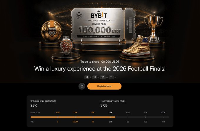 The image features an advertisement for a football event, with a focus on the Bybit VIP experience at the 2026 Football Final. The poster includes a gold trophy, a golden watch, and other luxury items such as a golden ball and a golden shoe. The text in the image promotes the idea of winning a luxurious experience by participating in the event or purchasing tickets for it. The post also mentions that Bybit is now the exclusive partner for this VIP campaign, which could potentially be related to the event being advertised.