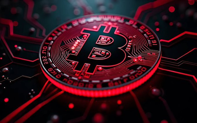 A 3D render of a red Bitcoin coin with the 'B' logo resting on a dark circuit board with red glowing lines.