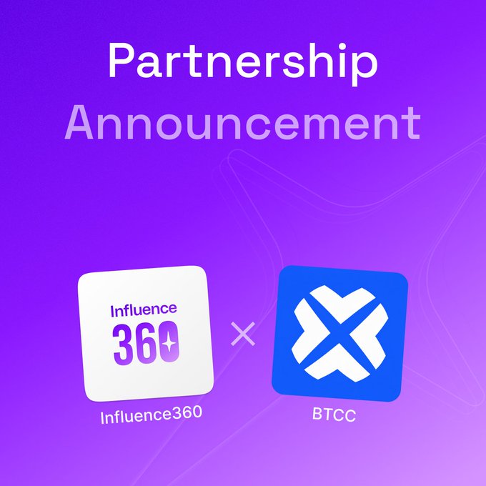 The image features two logos for a company named "Influence360" and another company named "BTCCexchange". The Influence360 logo has a purple background with white text that says "Partnership", while the BTCC exchange logo is blue with white text that reads "btccc". Both logos are placed on a purple background, which highlights their importance in the image.