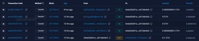 A dark-themed cryptocurrency block explorer displaying a list of Ethereum transactions with details including Transaction Hash, Method, Block, Age, From, To, Amount, and Txn Fee.