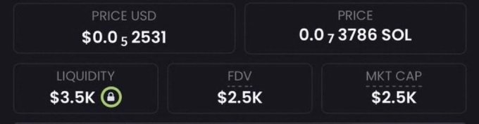 A cryptocurrency dashboard displays a token priced at $0.052531 (0.03786 SOL) with a market cap of $2.500, $2.5K FDV, and $3.5K locked liquidity, supporting the post's claim of a micro-cap coin being pitched for a potential 1000x gain to $10 million.