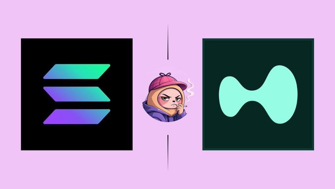 A graphic on a pink background showing the Solana logo and a green blockchain logo separated by a small hooded character mascot.