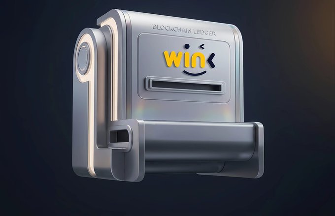 A 3D rendering of a silver 'BLOCKCHAIN LEDGER' device featuring a cute yellow 'wink' smiley face logo with glowing accents.