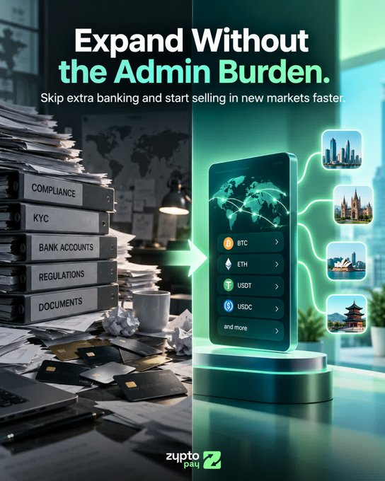 An advertisement reads 'Expand Without the Admin Burden. Skip extra banking and start selling in new markets faster' for Zyp.to Pay, showing folders labeled Compliance, KYC, Bank Accounts, Regulations, and Documents next to a smartphone displaying cryptocurrency options including BTC, ETH, USDT, and USDC.