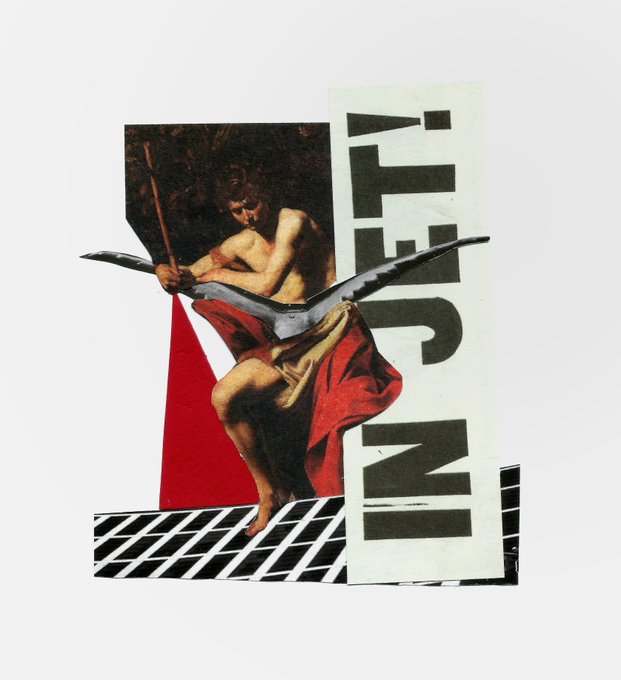 A collage-style poster features a classical painting of a figure with red drapery, an airplane silhouette, geometric shapes, and the text 'ALEFC M!'