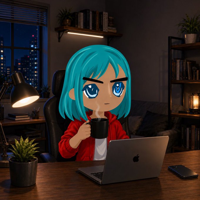 An anime-style character with blue hair in a red hoodie sits at a desk with a laptop, holding a steaming mug in a dimly lit room with a city view at night.