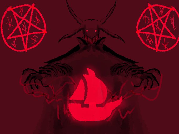 The image depicts an illustration of a character with horns, a beard, and large red eyes, possibly a dragon or a ghost-like creature. A boat is being held aloft by this mysterious figure using magic incantations. The background features red stars and lines that resemble pentagrams, adding to the overall dark and eerie atmosphere. In the corner of the image, there is text which reads "30mins before the GTD mint stage team mint live now mint link: opensea.io/collection/the  …" This phrase suggests that someone has shared a link to this mysterious character's page on OpenSea with others, possibly as part of an art-related social media post or for sharing interesting content with friends and followers online.