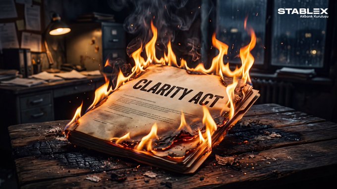 A stack of papers with 'CLARITY ACT' visible on top is on fire on a wooden surface, with a 'STABLEX' logo in the corner.