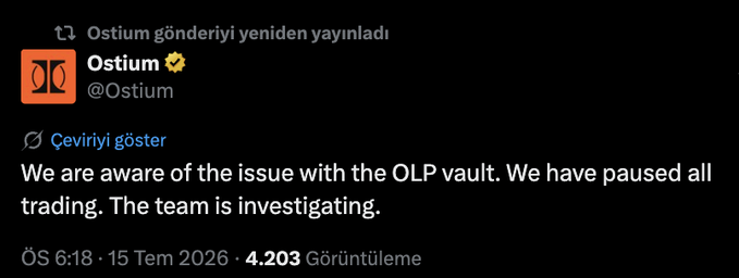 A screenshot shows a reposted tweet from Ostium (@Ostium) dated July 15, 2026, reading: "We are aware of the issue with the OLP vault. We have paused all trading. The team is investigating." The post received 4,203 views, confirming Ostium's trading pause in response to the reported $18 million exploit on Arbitrum.